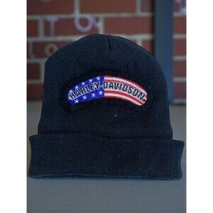Harley Davidson Skull Knit Cap American Flag Patch Black Beanie